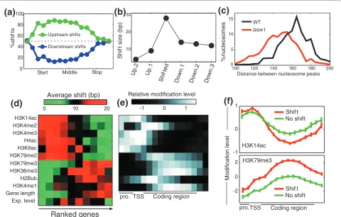 Figure 4 Patterns of Isw1-dependent shifts+5 nucleosome for 10 subsets of genes ordered by various histone modifications, gene length, or mRNA expression levels