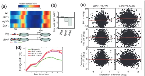 Figure 5 Isw1 effects on gene expression and cryptic initiationrespectively, and are all strongly associated with long genes (median length of 2,063, 2,090, and 2,453, compared to 857 for genes without cryptic and Set2) and for genes without cryptic initia