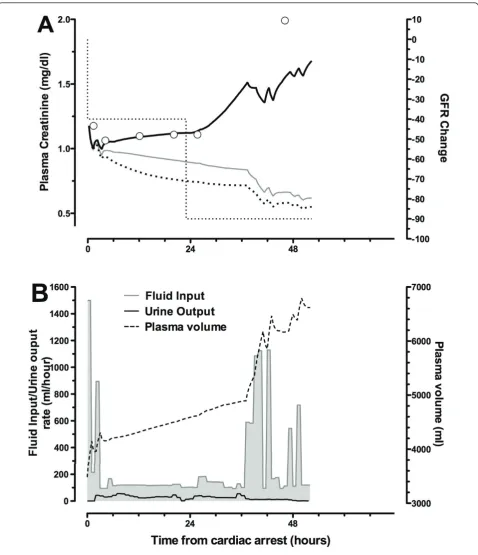 Figure 8 Case B: Crunchanged. Plasma creatinine changes (a) and fluid input/urine output and plasma volume (b) are shown