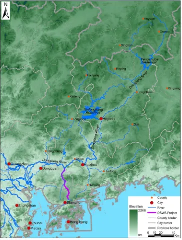 Figure 1. map of the Dongjiang river basin, showing its river system, elevation, cities and the Dongjiang-shenzhen Water supply project.