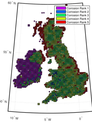 Figure 6: Diﬀerent corrosion ranks in the UK (UK Galvanizers As-sociation, UK Galvanizers and High Chemicals UK Ltd., 2002)