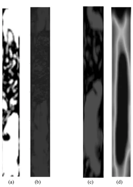 Figure 6: Comparison of contours of phase distribution at liquid and gas superficial velocities of 0.05 and 0.344 m/s, respectively for between (a) CFD and (b) WMS and for (c) CFD and (d) ECT