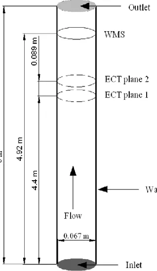Figure 1: 3-D geometry of the computational flow domain showing the location of the recording sections that correspond to the locations of the experimental measurement transducers