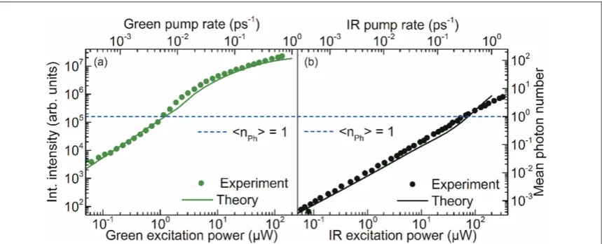 Figure 3. Experimental (dots) and theoretical (line) input–output characteristics for (a) only exciting above-band (green) and (b) onlyexciting the p-shell of the target QD (IR)