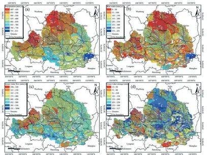 Fig. 2 Comparison between the measured (dots) and simulated (95PPU band, shaded area) monthly hydrographs at Huaxian station for both calibration (left) and validation (right) period