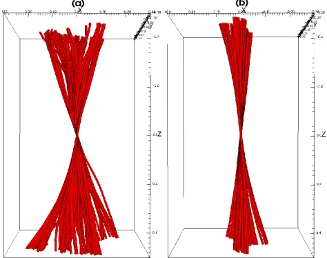 Fig. 18. Magnetic ﬁeldlines drawn from starting points along a lineη−0.2 < y < 0.2 at x = 0, z = 0 at a time t = 25 for the experiments with = 0 and grid resolution 5123 and a) driver 1 and b) driver 2.