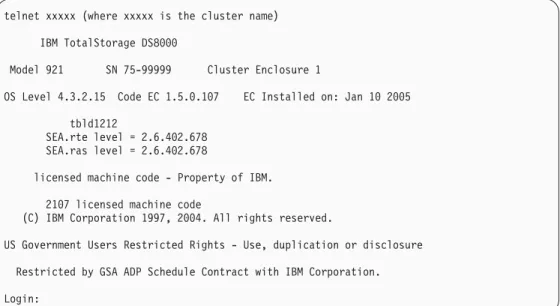 Figure 11. Confirming the storage unit licensed machine code on an HP AlphaServer through the telnet command