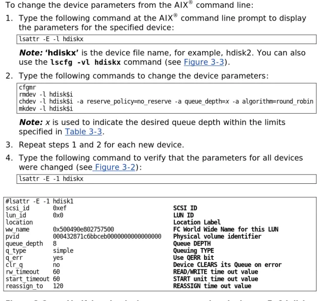 Figure 3-2  Verifying the device parameters using the lsattr -E -1 hdiskx  command 