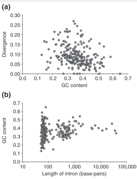 Figure 3divergence and lengthThe relationship between intron fragment GC content and both 