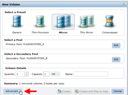 Figure 2-6   Creating a mirrored volume with a preferred node with the GUI The Advanced Settings dialog is shown in Figure 2-7.