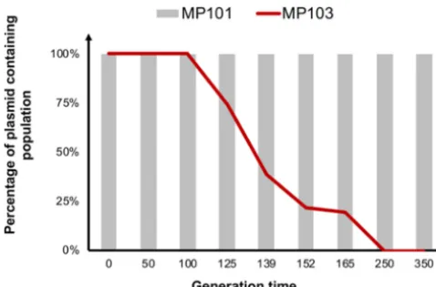 FIG 3 Plasmid stability of MP101 and MP103 in nonselective MH broth over 350 generations (Table 1).The native plasmid (p50579417_3_OXA-48) was stably maintained in MP101 over 350 generationswithout selection pressure