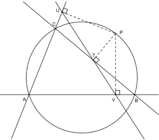 Figure 1. Simson–Wallace theorem — points T, U, V are collinear