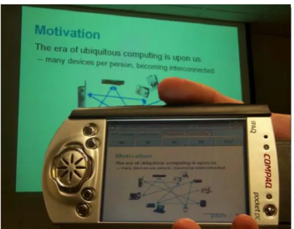 Figure 2.3: Speakeasy: A PDA displaying the controller for a PowerPoint viewer runningon a projector (used with permission from [157]).