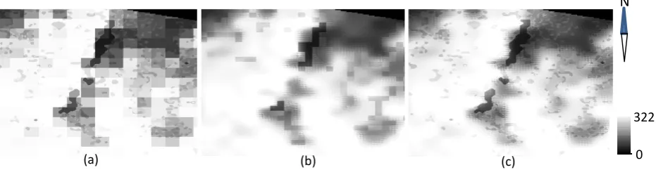 Fig 3 Comparison of the LST derived by SRM-only method (a), SRR-only method (b) and SRTS (c)