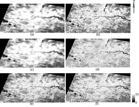 Fig 4 The sharpened LST images obtained from the different thermal sharpening methods for the entire study area (Great London), of which are (a) SRTS sharpened LST, (b) ASTER LST, (c) EM sharpened LST, (d) Stepwise sharpened LST, (e) TsHARP sharpened LST w