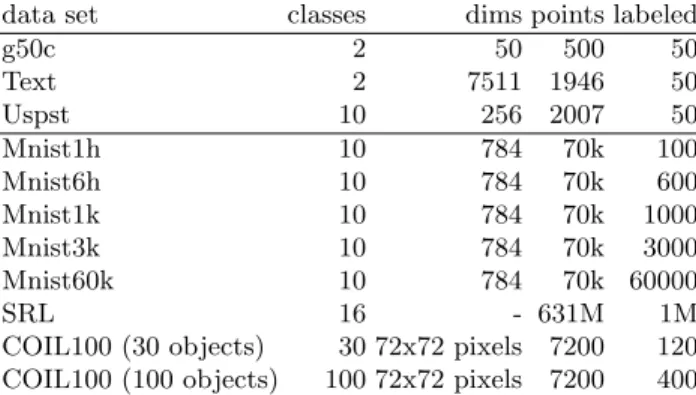 Table 1. Datasets used in our experiments. The first three are small scale datasets used in the same experimental setup as found in (Chapelle &amp; Zien, 2005; Sindhwani et al., 2005; Collobert et al., 2006)