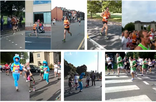 Figure 6: (top left) Videos of runner 1134 explicitly tagged (top right) identified by trajectory (lower left) cookie monster by tag (lower middle) by bib number (lower right) Robin Hoods in costume 