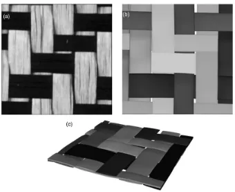 Figure 10. (a) The imaged surface of a twill textile layer and (b) the two- and (c) three-dimensional view of the reconstructedTexGen model.
