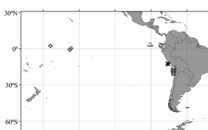 Fig. 1. Physeter macrocephalus. Sperm whale skin sample locations in the Galápagos 1989, 1991 and 1995 studies (triangle),the southwest Pacific 1992 study (cross), the Chile 1993 and 2000 studies (square) and the Peru 1993 study (‘X’)