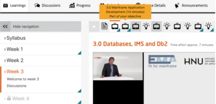 Figure 8. Screenshot of the learning process guidance highlighting the relevant content for a selected objective.