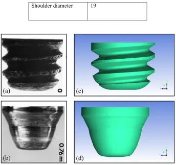 Figure 1: Geometry of the tools used for the study [15] (a) unworn and (b) worn and corresponding solid models used in the numerical simulation (c) unworn and (d) worn 