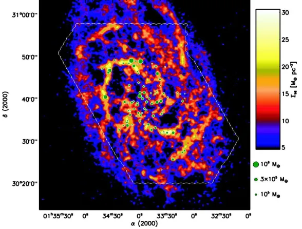 Figure 1.5: Colour image of H I 21 cm emission in M33 from Deul & van der Hulst (1987)with molecular clouds from Engargiola et