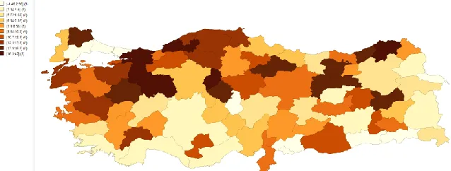 Figure A2. Choropleth Map:  Wages difference for all provinces in Turkey 