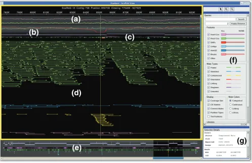 Figure 2The Hawkeye Scaffold ViewThe Hawkeye Scaffold View. The scaffold view displays the insert panel, outlined with a yellow border, consisting of (a) plots of statistical information, (b) scaffolded contigs, (c) feature tracks, and (d) inserts