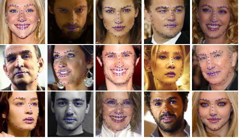 Fig. 1. Examples of images taken from the LFPW dataset andﬁtted with our proposed bi-directional method.