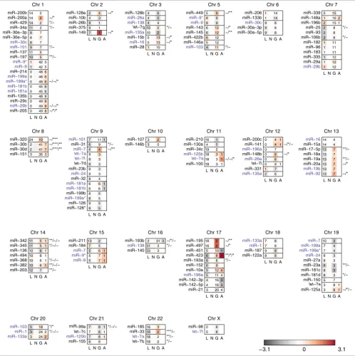 Figure 4Association of miRNA expression and DNA copy number