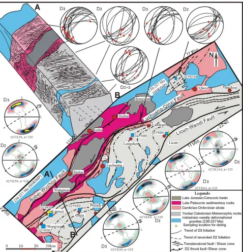 Figure 3.Geological map and cross section (A-B) across the Fengshan-Qinxi shear zone. Stereoplots(lower hemisphere, equal area) show the dominant orientation of lineation and foliation of D2 and D3phases
