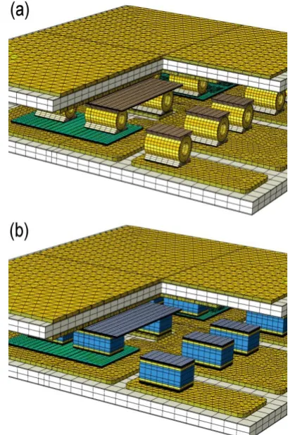 Fig. 4. Cut views of two representative meshing systems to discretize the stacked assembly for: (a) design case CHC25; and (b) design case CMB 13
