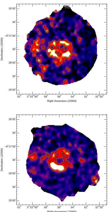 Figure 3.2: Observations of the ² Eridani debris disc taken with SCUBA on the JCMT. (Top) 1997-1998 dataset, (averaged over 22 images) in a 1 00 pixel grid in R.A., Dec 