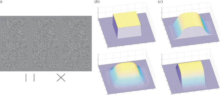 Figure 2. (iment 1 and 2. In this cartoon representation, the dark blue background mesh is in the plane of the screen, lighter colours demonstrate depth extending out froma) Stimulus from experiment 1 set-up for divergent (left) and convergent (right) free