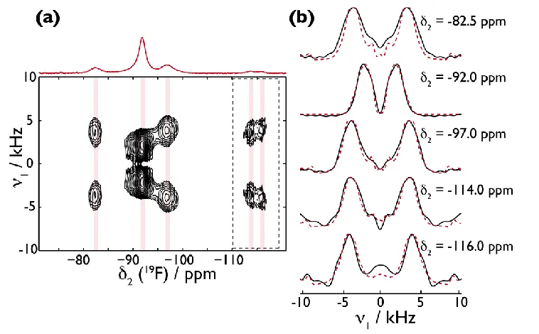 Figure 2. (a) shows a 19F anisotropic-isotropic correlation spectrum of PVDF recorded at a Larmor frequency 