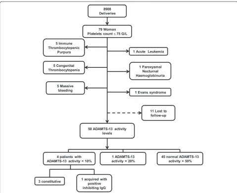 Fig. 1 Characteristics of the patient cohort studied. In this retrospective analysis, all consecutive pregnant or post-partum patients seen in theobstetrical tertiary unit of Bordeaux university hospital who presented a platelet count ≤75 G/L were evaluated