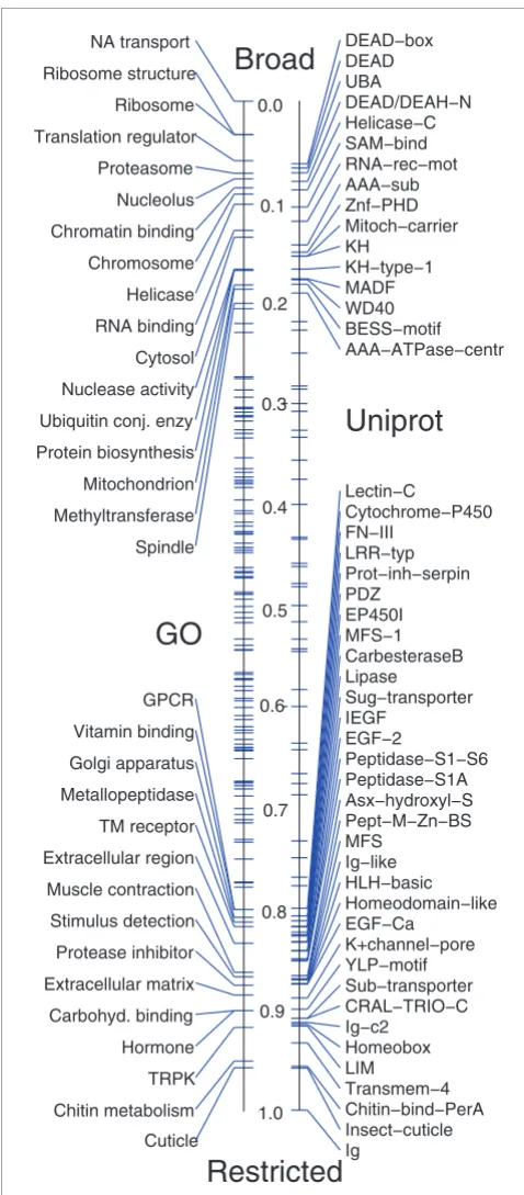Figure 9restricted clustersDistribution of GO annotations and Uniprot domains within broad versus 