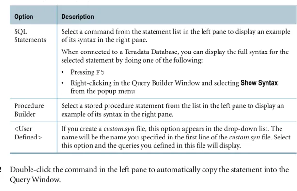 Table 6: Query Builder Usage Options
