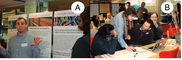 Fig. 10.1 The Citizen Cyberscience Summit ThinkCamp 2014,  London England. Interdisciplinarity, Paris, introducing the SynBio4All Challenge during the ‘Elevator Pitches’
