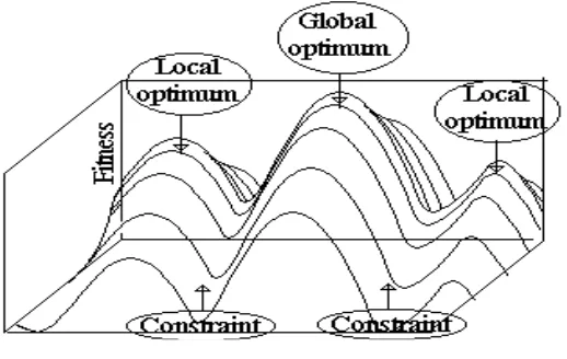 Figure 1 depicts an example of fitness landscape. The two horizontal axes represent the elements N and the states S