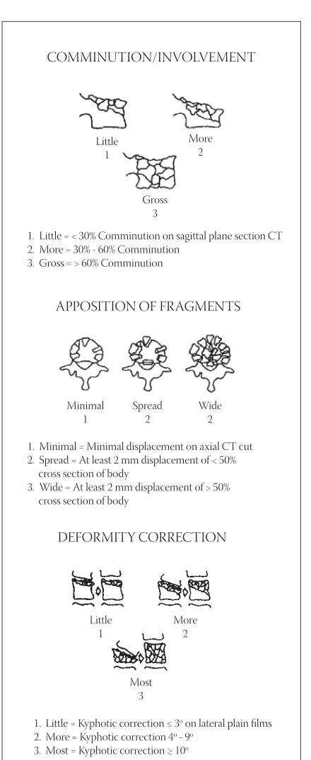 FIGURE .  Th e Load-Sharing Classiﬁ cation of Th oracolumbar Fractures (. Th e amount of involve-ment/comminution – as best seen on sagittal CT reconstructions of the fracture site