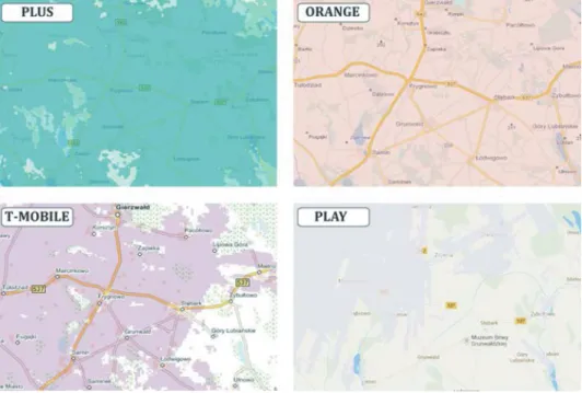 Fig. 5. Coverage maps of the wireless HSDPA internet declared by the four largest communication corporations for the vicinity of Frygnowo