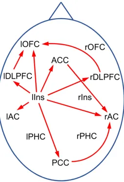 Fig 8. Tinnitus network as obtained from exploratory PDC analysis. Red arrows indicate connectionswith significant differences (p<0.05) between TI and controls in some frequency window