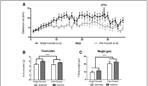 Fig. 1 Distance run and impact on body weight and food consumption.*** a Daily distance run by single-housed and pair-housed mice during thestudies