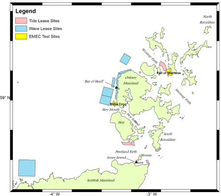 Figure 1: Map showing the Pentland Firth and Orkney Waters area and the location of the  wave and tidal stream MRE development sites considered in the project