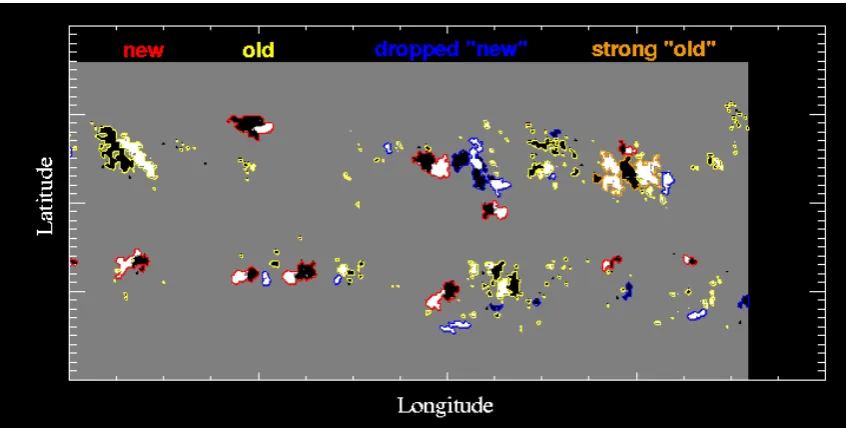 Figure 3.8: Stages in the processing of synoptic magnetograms for the detection of new bipolarregions: (a) observed map for CR1948, (b) result of applying 27.27 days of differential rotation, (c)observed map for CR1949, and (d) absolute difference map
