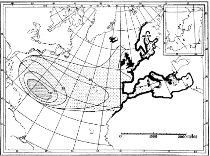 Figure 2.1.a.  Distribution of eel larvae.  Length increases from ~10 mm  in the vicinity of The Sargasso Sea, (20-35 N Latitude and 30-70 W Longitude) to >45 mm in European waters