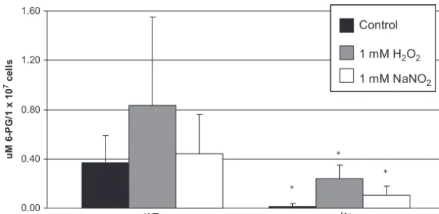 FIG. 5. Production of 6-PG is attenuated in the zwf1gas chromatography-mass spectrometry from lysates of 1biological replicates of each strain grown in minimal medium without a stressor or after 2 h of exposure to oxidative stress (1 mM Hnitrosative stress