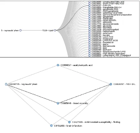 Figure 2: Raynaud phenomenon open discovery: top shows the ﬁrst page of lipid hidden knowledge fromC0034735 – Raynaud Phenomenon generated from publications between 1960 and 1985 highlightingSwanson’s ﬁsh oil connection, bottom the linking terms between C0034735 – Raynaud Phenomenonand C0016157 - ﬁsh oil with the highly cited blood viscosity link highlighted