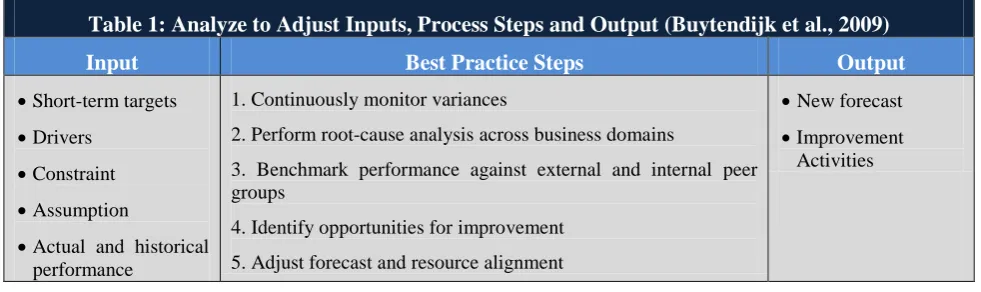 Table 1: Analyze to Adjust Inputs, Process Steps and Output (Buytendijk et al., 2009) 